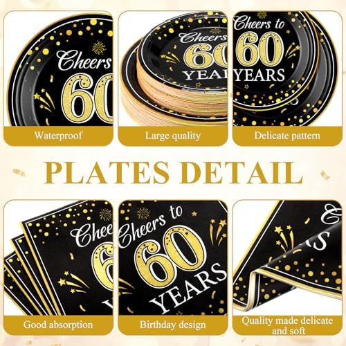 Funnymoom 452 Pcs 60th Anniversary Party Decorations, Cheers to 60 Years Paper Plates Napkins Cups Tablecloth Cutlery Straws Disposable Tableware Set for 60th Birthday Party Supplies for 50 Guests - Image 2