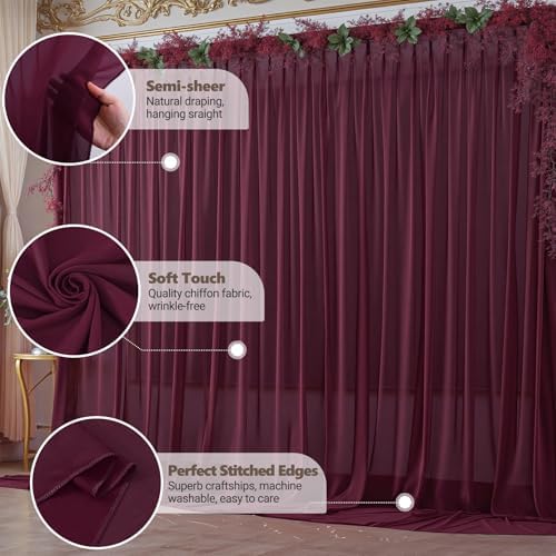 20ft x 10ft Burgundy Backdrop Curtains, Wrinkle-Free Sheer Chiffon Fabric Photo Backdrop Drapes for Wedding Arch Party Ceremony Stage Photography Decorations - Image 5