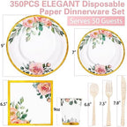 350PCS Floral Paper Plates Set, Disposable Plates With Gold Rim Serve 50 Guests, Party Supplies for Adults Garden Tea Party Bridal Shower Decorations - Image 2
