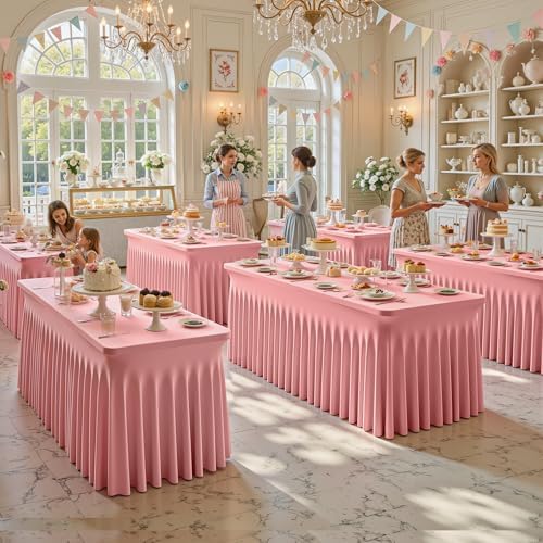 6 Packs Dusty Rose Spandex Tableclothes for 8 Foot Rectangle Tables, Wrinkle Free 8ft Fitted Table Cover Stretch Table Cloth Desk Skirt for Weddings Baby Shower Birthday Party Banquet Decorations - Image 3
