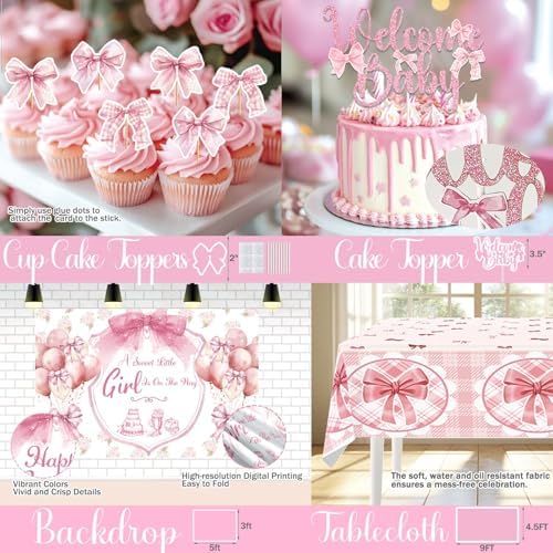 Party Inspo Pink Bow Baby Shower Decorations - 132 PCs Coquette Baby Shower Supplies with Balloon Garland, Backdrop, Cake Topper, Tablecloth, Boxes, Badge, Sash for Girls Pink Themed Party - Image 4