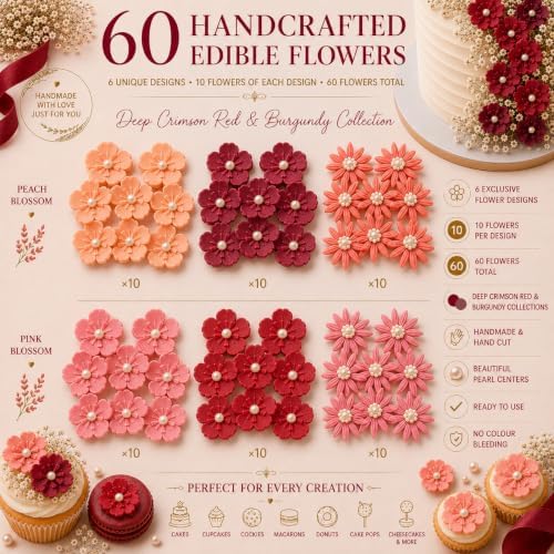 CONFECT Handmade Edible Gum Paste Flower Decorations – Vintage Blossom Collection – 60 Piece Assorted Sugar Flower Set with Pearl Centers, Hand Cut Cake Flowers for Cakes, Cupcakes & Desserts - Image 2