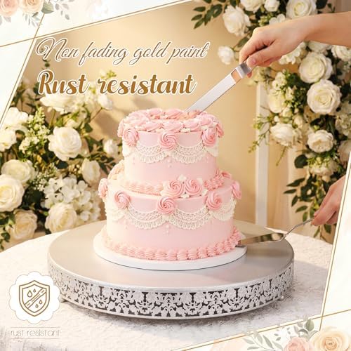 Wenqik 18 Inch Silver Cake Stand Set Metal Round Cupcake Dessert Stand with Cake Cutting, Flower Spatula Wedding Cupcake Pastry Display Candy Holder Display for Wedding Party Birthday Baby Shower - Image 4
