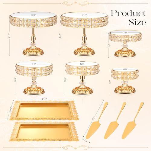 12 Pieces Gold Cake Stand Set, Vintage Cake Display Stand with Crystal Edge and Cupcake Display Tray, Dessert Table Display Set for Wedding Party Baby Shower Anniversary Celebration - Image 4