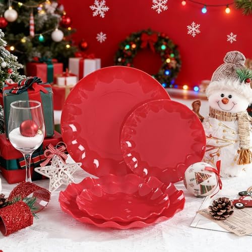 LIYH 50 Pcs Red Plastic Plates Reusable Christmas Plastic Plates Unbreakable Holiday Dinnerware Set Scalloped Plate for Christmas Day,Dishwasher Safe BPA Free (25Guests) - Image 4