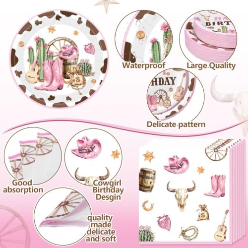 Pickmesh 250 Pcs Cowgirl Birthday Party Decoration Pink Plate Serve 50 - Image 3