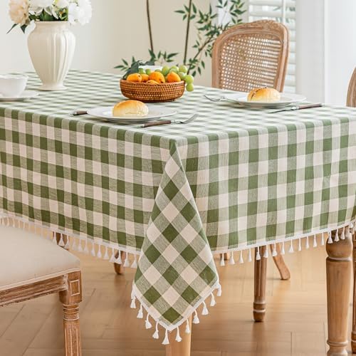 Green Gingham Table Cloth Rectangle, Cotton Linen Checkered, 55x120 Inch - Image 3