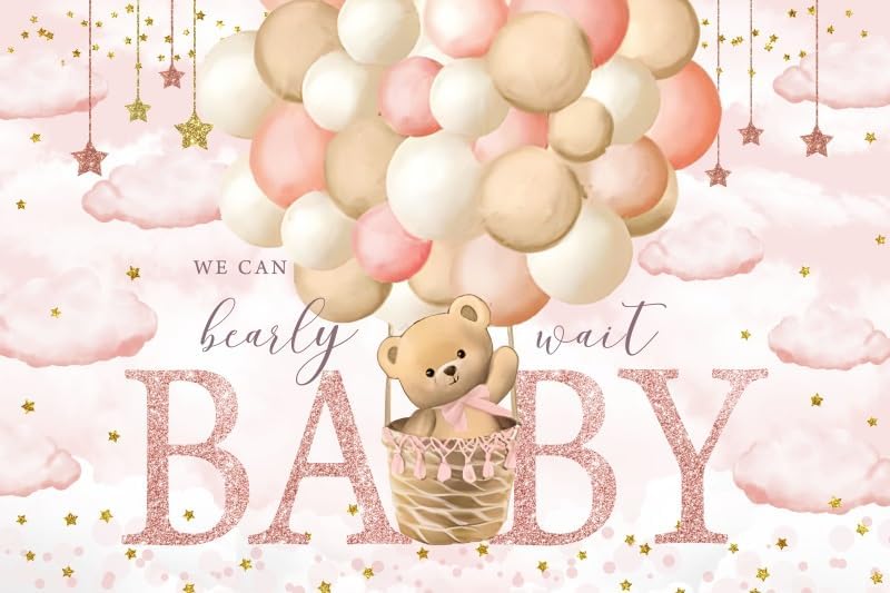 15x10ft Bear Theme Baby Shower Decorations Backdrop We Can Bearly Wait Baby Hot Air Pink Balloon Stars Clouds Background Gender Reveal Sweet Girl Birthday Party Banner Photo Booth by ZJRBJB