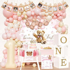 Hombae Beary First Birthday Decorations for Girl, Teddy Bear 1st Birthday Party Supplies, Pink Ivory Balloon Garland, Girl Baby Photo Banner, Bear Birthday Themed Decor Party Pack by Hombae
