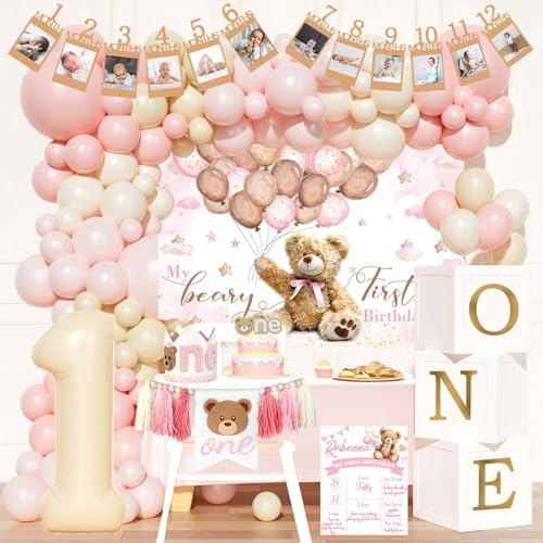 Hombae Beary First Birthday Decorations for Girl, Teddy Bear 1st Birthday Party Supplies, Pink Ivory Balloon Garland, Girl Baby Photo Banner, Bear Birthday Themed Decor Party Pack by Hombae