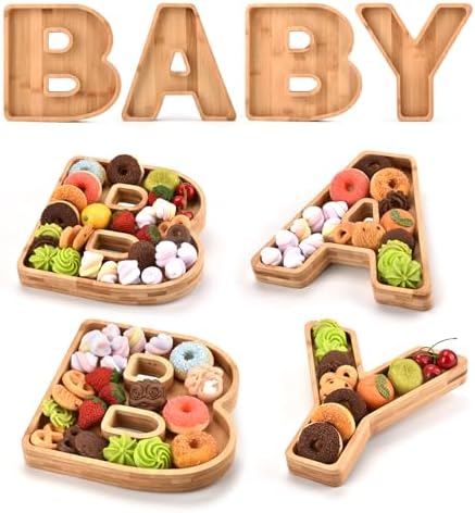 Wooden Baby Charcuterie Board Letters Serving Tray Decorative Platter 4 Pcs Bamboo Candy Tray for Baby Shower Alphabet Gender Reveal Decorations with Deeper Edge by Hilsita