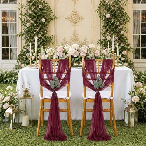 QueenDream Burgundy Chair Sashes Wedding: 16 Pieces Long Sheer Wedding Aisle Chair Decorations Tulle Chairs Covers with Artificial Eucalyptus - Image 2