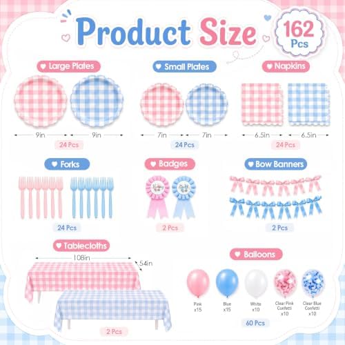 ArtSocket 162 Pack Baby Gender Reveal Party Supplies for 24 Guests, Gingham - Image 2