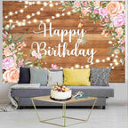 Happy Birthday Backdrop, Rustic Wooden Butterfly Glitter Lights Pink Floral Poster Party Supplies Photo Background for Women, Pink Floral Party Decoration Background for 20th 30th Women Girl 15X10ft - Image 4