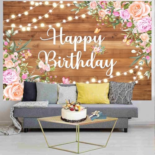 Happy Birthday Backdrop, Rustic Wooden Butterfly Glitter Lights Pink Floral Poster Party Supplies Photo Background for Women, Pink Floral Party Decoration Background for 20th 30th Women Girl 15X10ft - Image 4