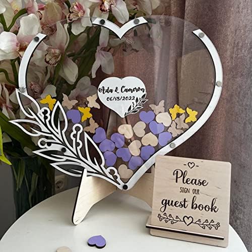 Personalized Wedding Wooden Guest Book: Creative Acrylic Custom Name Alternative Inserts Box DIY Custom Rustic Wedding Heart Drop Guest Book for Graduation Anniversary Wedding Decor (Flower Butterfly) - Image 2