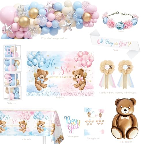 Bear Gender Reveal Decorations, He or She Baby Gender Reveal Party Decoration, Boy or Girl Bear Theme Party Supplies, Backdrop BABY-Box Tablecloth Mom to Be Sash Dad to Be Pin Balloon Arch - Image 2