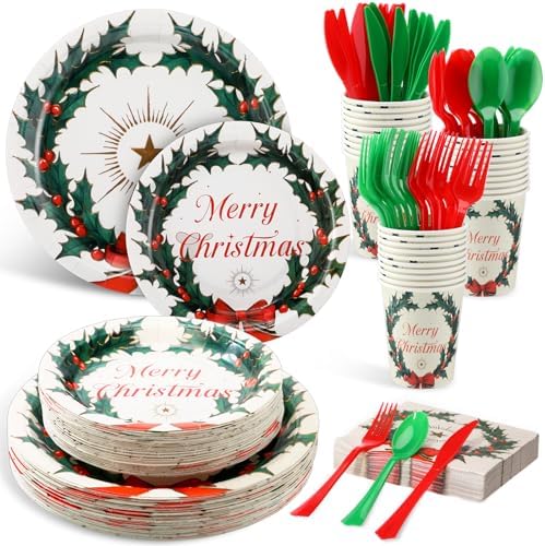 FillTouch 350 Pcs Merry Christmas Paper Plates Napkins Set for 50 Guests by FillTouch