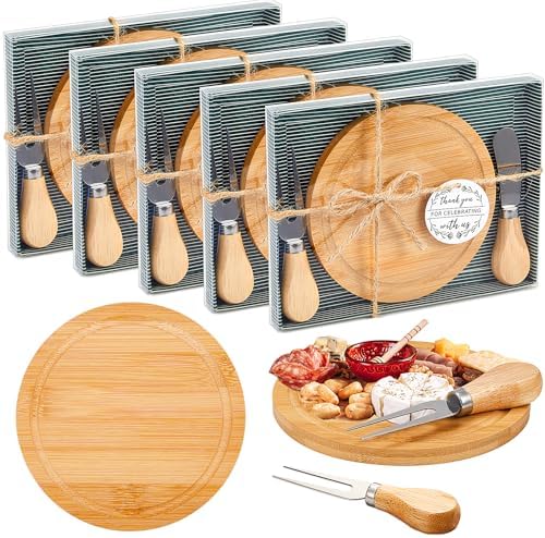 Maxcheck 5 Sets Bamboo Round Cheese Board Party Prizes with Knife Fork by Maxcheck