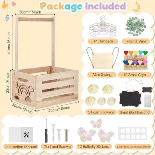 Wooden Baby Shower Crate Closet with Handle, Hangers & Garland, Large Capacity Baby Basket for Baby Shower, Customizable Wooden Crate Box Newborn Parents Welcome Gift (Natural Wood) - Image 2