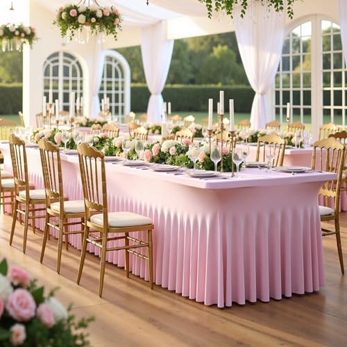 NSSONBEN 2 pk Baby Pink Spandex Tablecloth 6ft with Ruffle Table Skirt, Wrinkle Free Stretchy Fitted Tablecloths for 6 Foot Rectangle Tables, Elastic Spandex Table Covers for Weddings Parties Banquet - Image 4