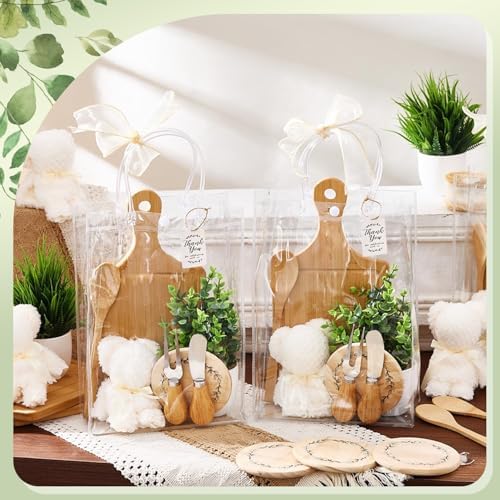 20Pcs Baby Shower Prizes for Game Winners Bamboo Cheese Board Fork Butter Spreaders Coasters Towel Artificial Potted Plant Gift Bag for Baby Shower Bridal Shower Favors (2 Sets, Bamboo Square Shaped) - Image 2