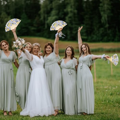 Aodaer 50 Pack Coastal Lemon Printed Folding Hand Fans with Organza Bags Bulk Wooden Storage Box Retro Mediterranean Paper Fans Capri Handheld Fan for Bridal Shower Wedding Bridesmaid Gifts - Image 6