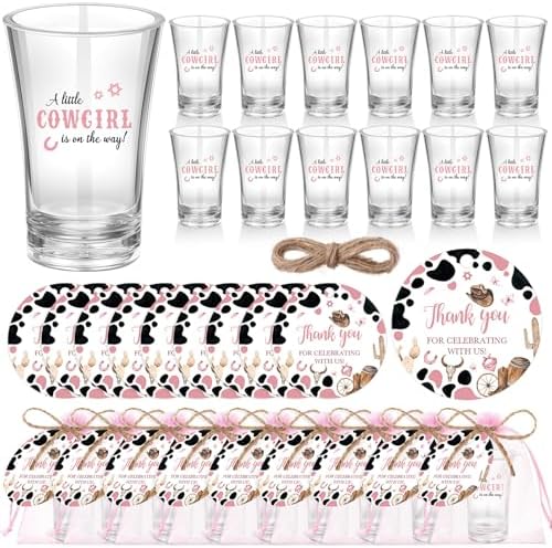 Funnymoom 50 Sets Cowgirl Baby Shower Favors for Guests Souvenir A Little Cowgirl is On The Way Acrylic Clear Shot Glasses Thank You Tags with Organza Bags for Wild West Rodeo Theme Birthday Party by Funnymoom