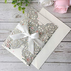 20PCS 5.12 x 7.28'' Silver Wedding Invitations Cards With Bowknot Laser Cut Rose Flowers invitation kit For Bridal Shower Engagement Wedding Invite (Silver Glitter) - Image 2