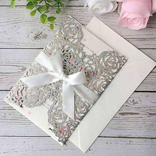 20PCS 5.12 x 7.28'' Silver Wedding Invitations Cards With Bowknot Laser Cut Rose Flowers invitation kit For Bridal Shower Engagement Wedding Invite (Silver Glitter) - Image 2