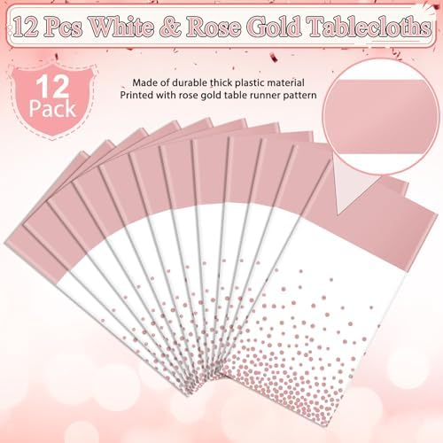 12Pcs White Rose Gold Tablecloth Party Decorations,Plastic White Table Cloth Printed Rose Gold Table Runner Disposable Rectangle Tables Cover for Birthday Anniversary Wedding Grad Party,54 x108 Inch - Image 3