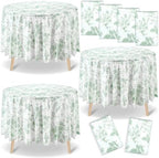 Ganeen 12 Pcs Sage Green Floral Plastic Tablecloth 84 in Spring Round Vintage Flower Tea Party Tablecloth Disposable Green and White Table Covers for Tea Party Birthday Wedding Baby Shower Decoration by Ganeen