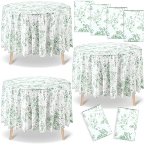 Ganeen 12 Pcs Sage Green Floral Plastic Tablecloth 84 in Spring Round Vintage Flower Tea Party Tablecloth Disposable Green and White Table Covers for Tea Party Birthday Wedding Baby Shower Decoration by Ganeen