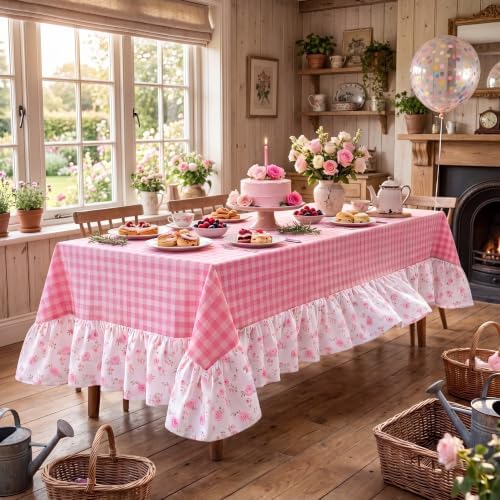 Moukeren Pink White Plaid Ruffled Long Table Cloth Rectangular Fits - Image 5