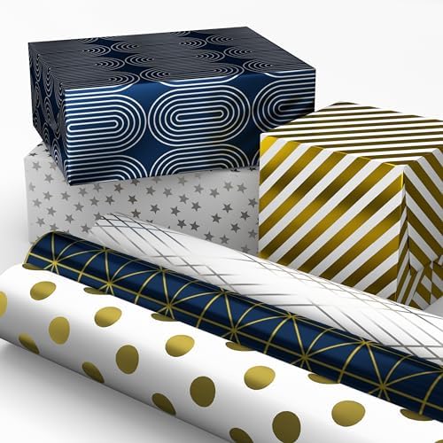 Hallmark Bulk Wrapping Paper Rolls for Birthday, Wedding, Graduation – Blue Metallic Gift Wrap Paper (Set of 6 Rolls: 180 Square Feet Total) Silver Stars, Gold Dots, Stripes, Navy - Image 3