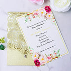 Hosmsua 50PCS Personalized Wedding Invitations Kit 5.12 x 7.3 Laser Cut Hollow Rose Rhinestone Pocket with Envelope for Wedding Quinceanera Invite (Champagne Gold Glitter) - Image 6