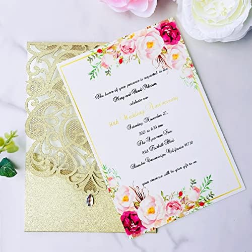 Hosmsua 50PCS Personalized Wedding Invitations Kit 5.12 x 7.3 Laser Cut Hollow Rose Rhinestone Pocket with Envelope for Wedding Quinceanera Invite (Champagne Gold Glitter) - Image 6
