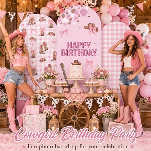 3pcs Pink Cowgirl Birthday Party Decorations Western Cow Theme Birthday Arch Backdrop Cover with Bow Guitar Shoes Pattern for Girl Barn Farm Party Baby Shower Photo Backgrounds 4ft, 5ft, 6ft - Image 5