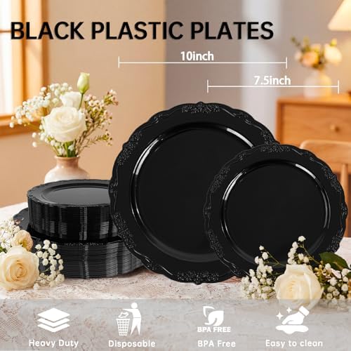 Tinybee 60PCS Black Plastic Plates - Heavy Duty Black Disposable Plates - Image 2
