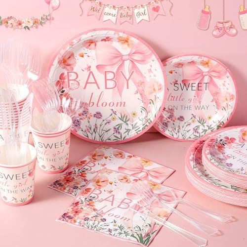 FillTouch 350 Pcs Baby in Bloom Baby Shower Party Plates Napkins a Sweet Is on The Way Paper Cups with Clear Knives Fork Spoon for Pink Bow Flower Disposable Birthday Tableware for 50 Guests - Image 6