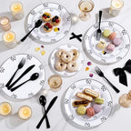 125PCS Black Bow Plastic Plates - White and Black Disposable Plates - Image 2