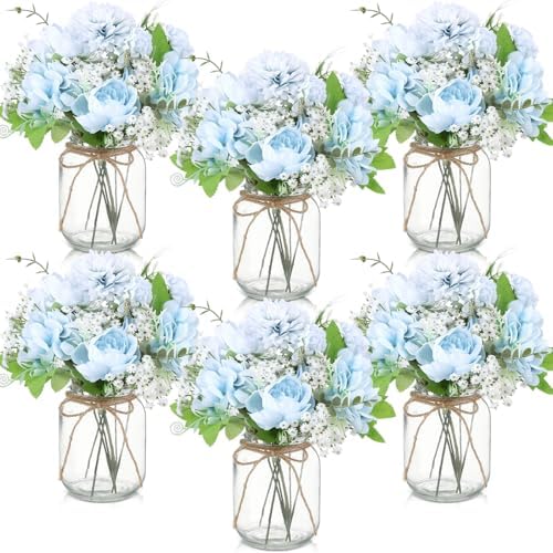 Zeyune 6 Sets Mason Jar Table Centerpiece Artificial Flower, Blue by Zeyune
