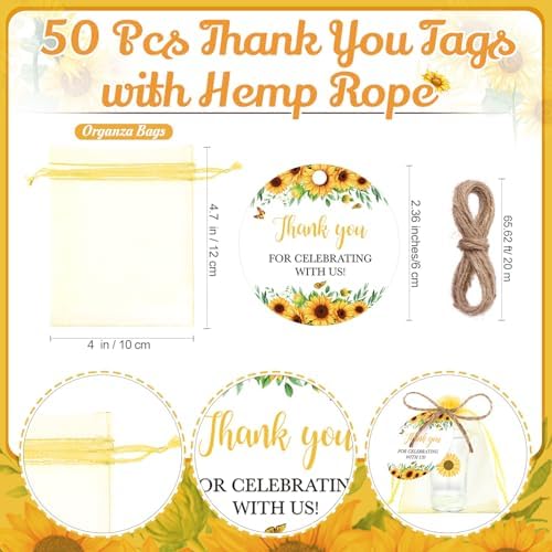 Funnymoom 50 Sets Sunflower Birthday Party Favors for Guests Souvenir Yellow Sunflower Acrylic Clear Shot Glasses Thank You Tags with Organza Bridal Shower Baby Shower Party Supplies - Image 6