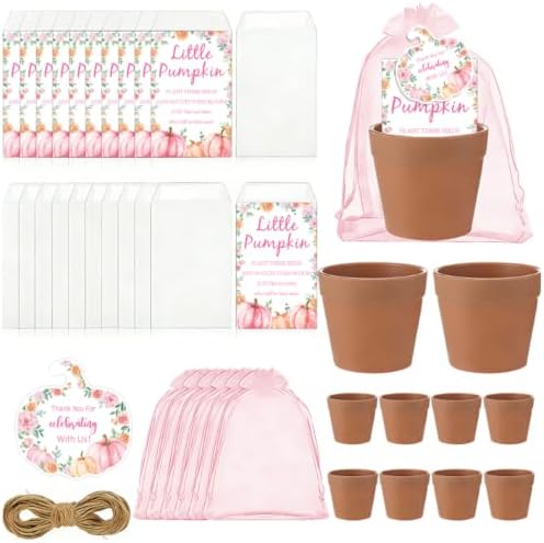 JarThenaAMCS 50 Sets Pink Little Pumpkin Baby Shower Party Favors Fall Planting Gift Set with Mini Pots Seed Packets Organza Bags Thank You Tags for Guests Autumn Thanksgiving Gender Reveal by JarThenaAMCS