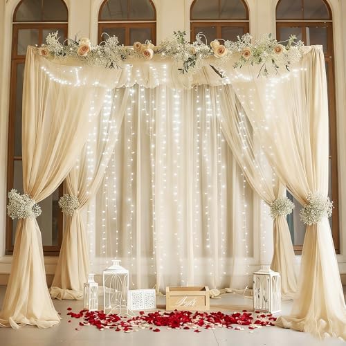 20ft x 10ft Ivory Chiffon Backdrop Curtain with Lights for Parties 4 Panels - Image 5