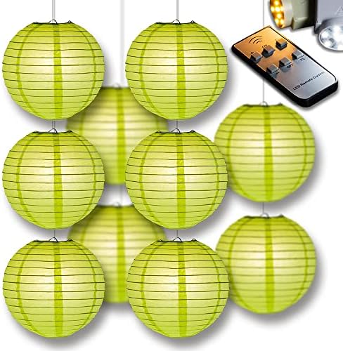 PaperLanternStore.com 12" Light Lime Green Paper Lantern Party Pack with Remote Controlled LED Lights (10-Pack Combo Kit) by Fantado+Party+%26+Event+Lighting