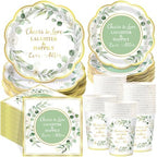 Funnymoom 250 Pcs Cheers to Love Sage Green Gold Eucalyptus Party Plates by Funnymoom