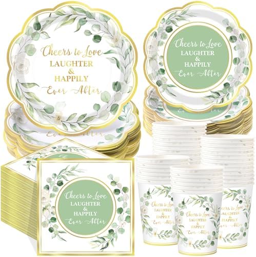 Funnymoom 250 Pcs Cheers to Love Sage Green Gold Eucalyptus Party Plates by Funnymoom