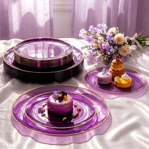 YOUBET 125PCS Purple Plastic Plates with Gold Rim for Party Wedding - Image 4