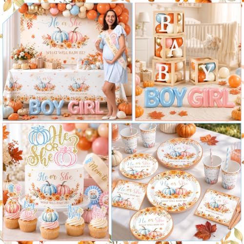 Pumpkin Gender Reveal Decorations,Fall Theme Party He or She What Will Our Little Pumpkin Be Plates,Napkins,Balloon Arch,Box Tablecloth for Autumn Thanksgiving Gender Reveal - Image 5